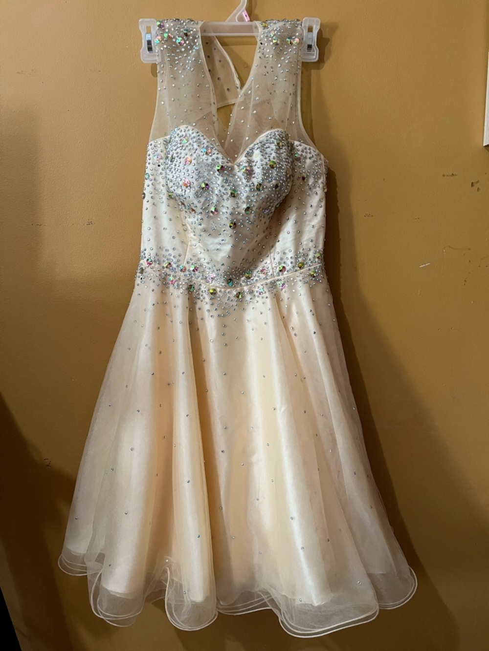 Embellished Cream Evening Dress with Crystal Accents
